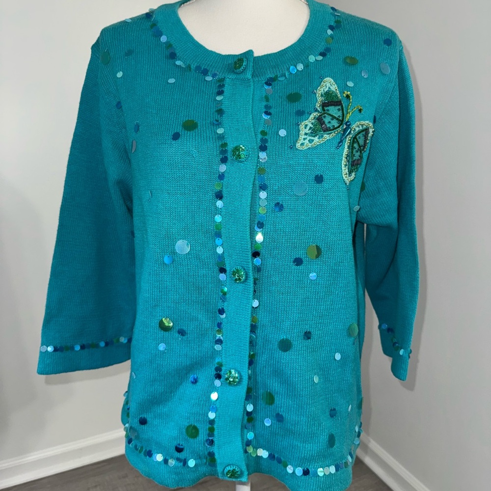 Arriviste Teal Sequin Butterfly Knit‎ Cardigan Medium Y2K Fairycore Eclectic